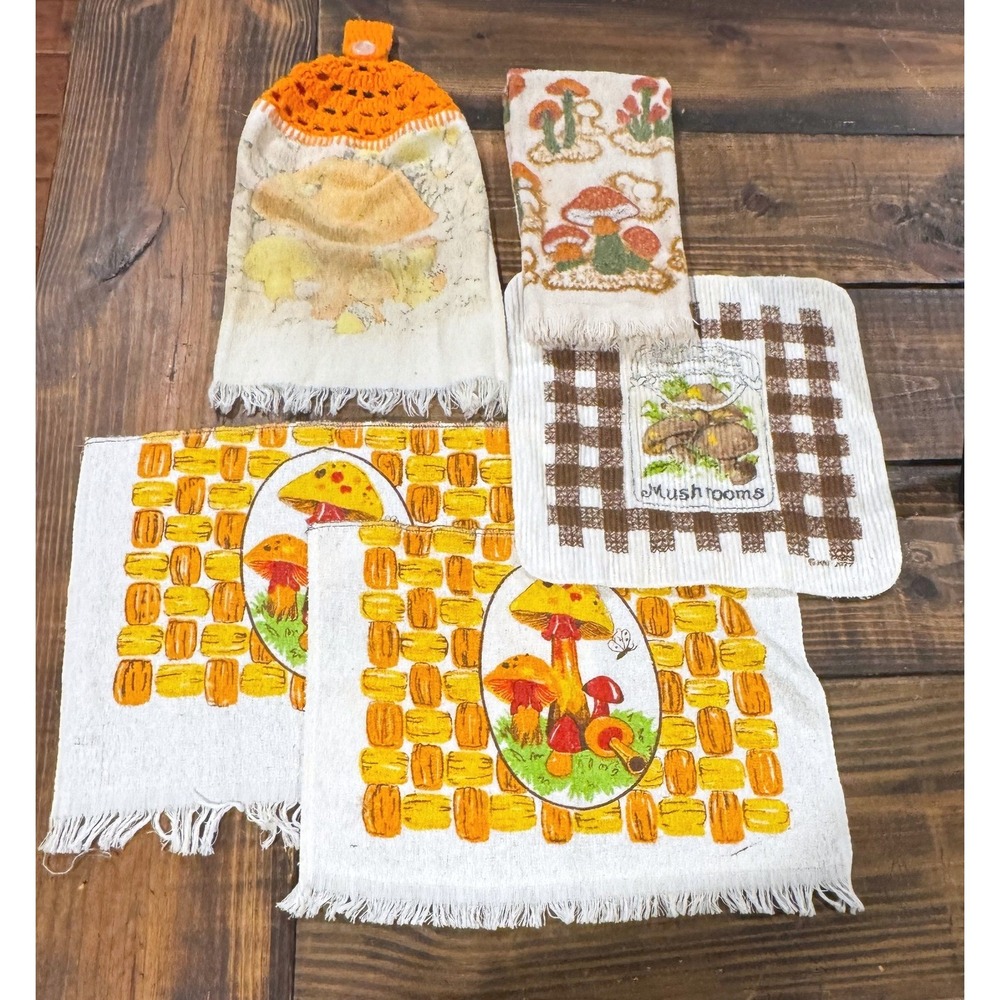 Vintage Mushroom Kitchen Towel Lot 5pc Orange Brown Retro 70s Cottagecore USA